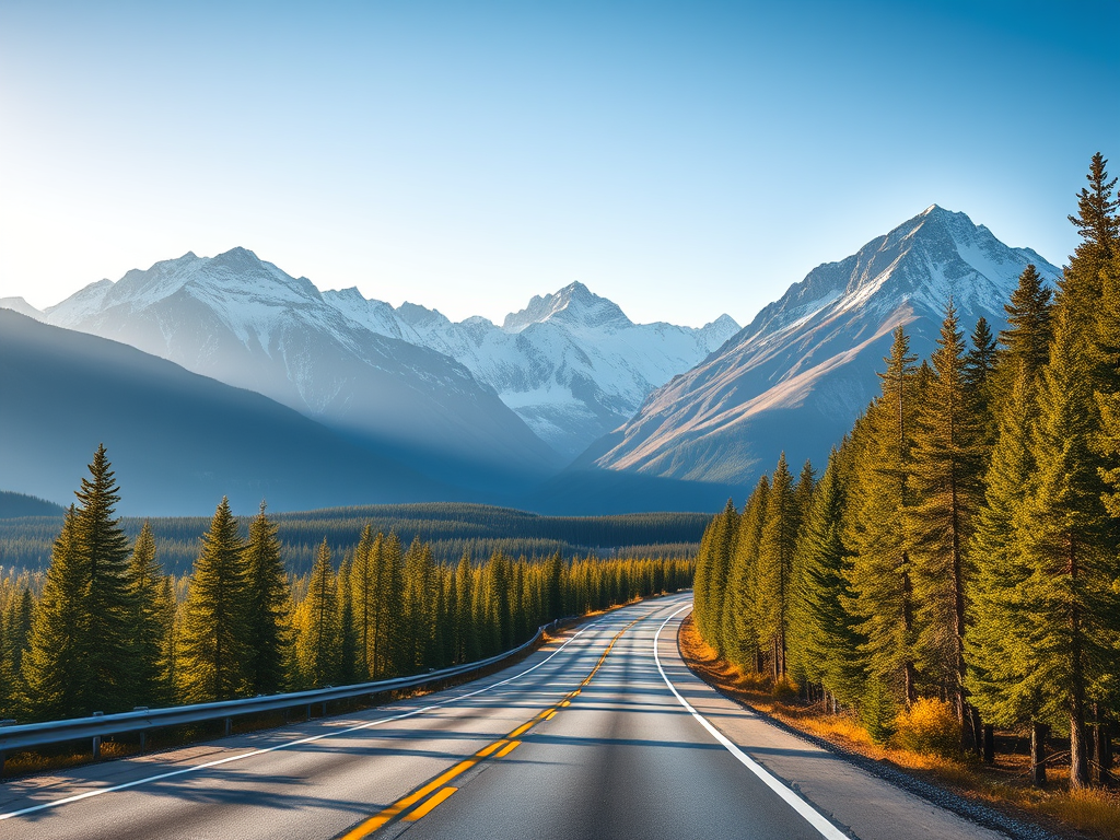 A scenic view of a winding road surrounded by lush green trees and towering snow-capped mountains in the background, under a clear blue sky.
